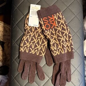 Michael Kors Brown Knit Logo Gloves with Orange MKRS Detail